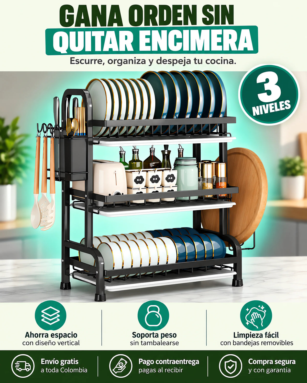 Escurridor y Organizador de Platos 3 Niveles: Mantén tu cocina organizada 🤩