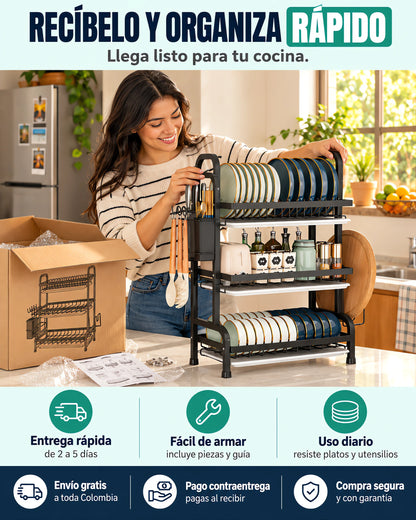 Escurridor y Organizador de Platos 3 Niveles: Mantén tu cocina organizada 🤩